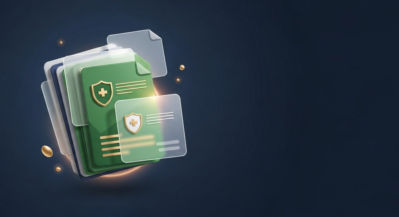 A layered set of secured billing documents marked with shield and check seals